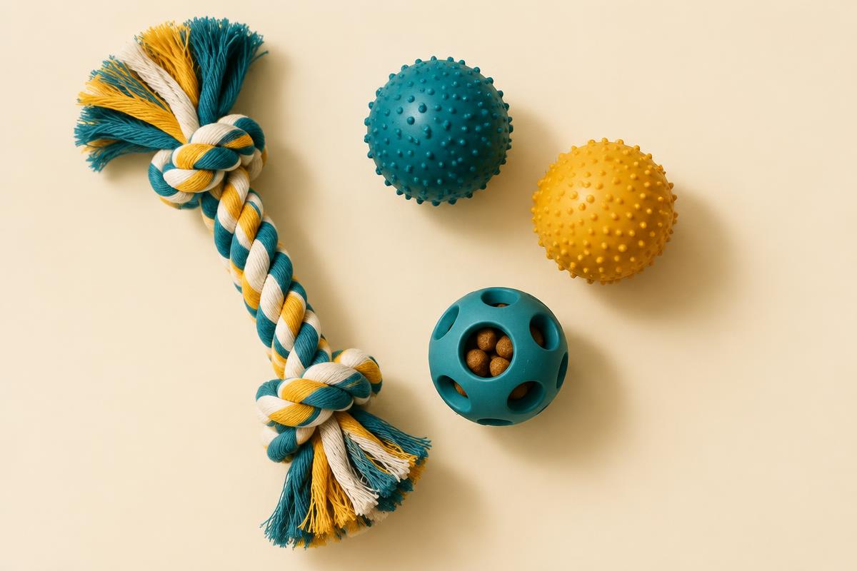 A rope tug toy and rubber balls laid out on a cream background