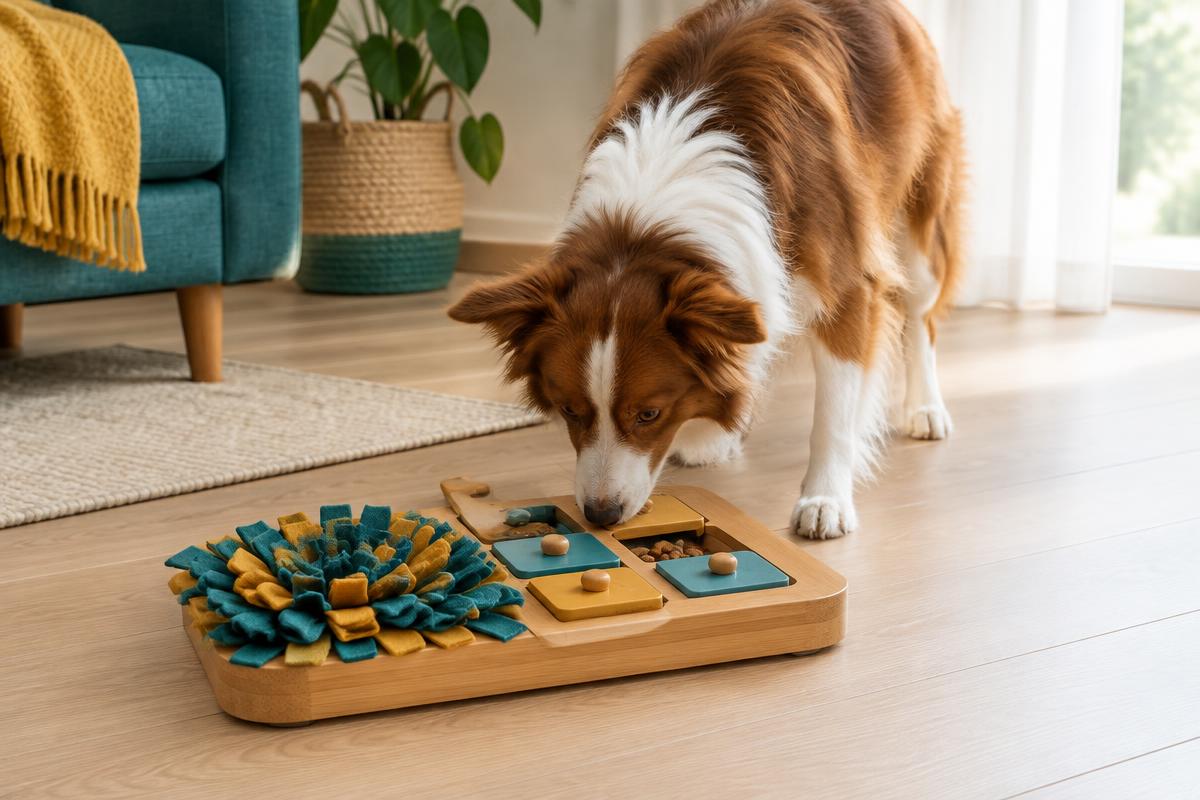 A dog sniffing out treats from a wooden puzzle board and a snuffle mat