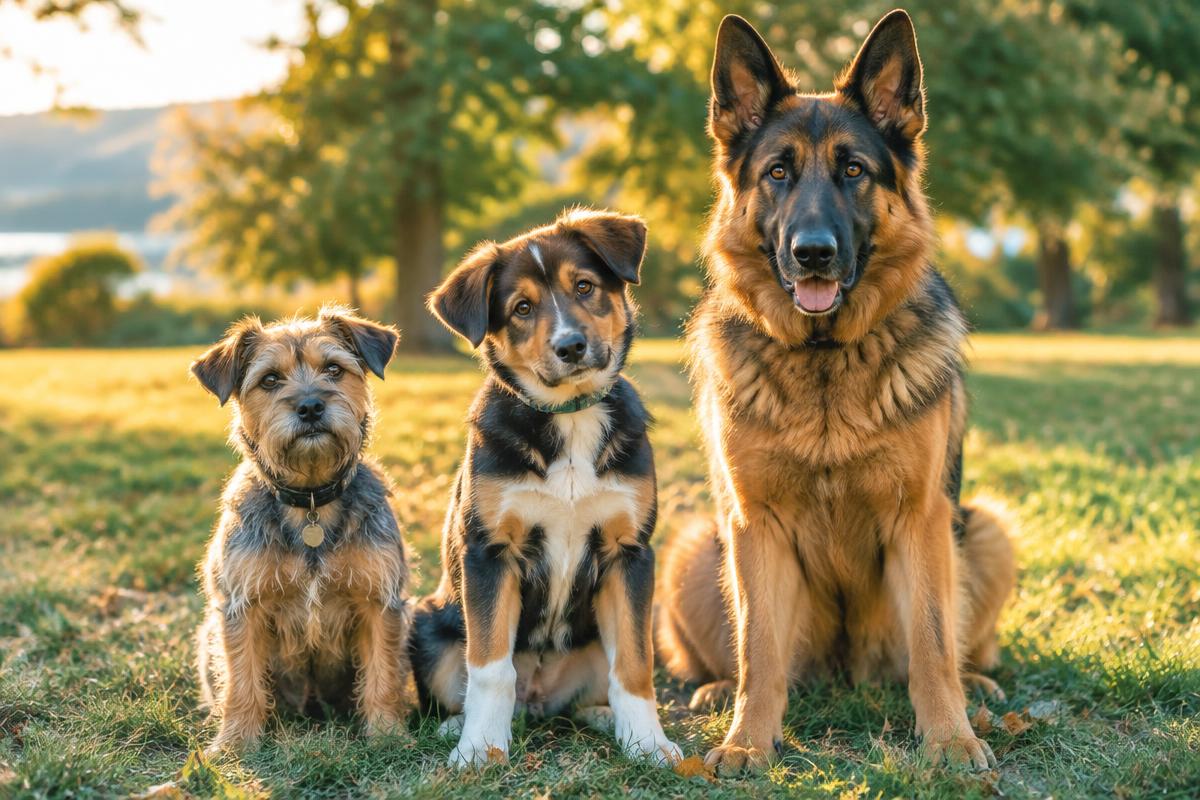A small terrier, a medium puppy, and a large shepherd sitting together in a park