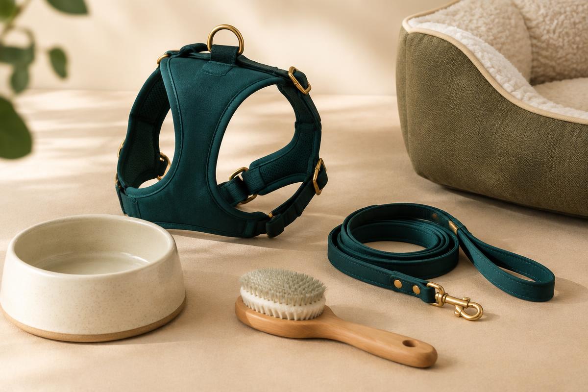 A teal harness, leash, ceramic bowl, grooming brush, and dog bed